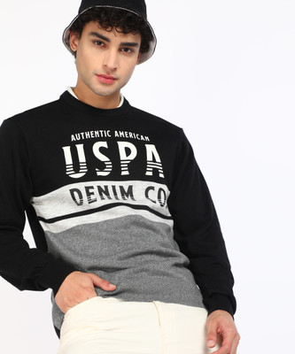 U.S. POLO ASSN. Printed Round Neck Casual Men Black Sweater