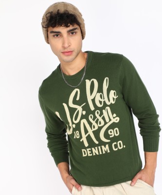 U.S. POLO ASSN. Printed Round Neck Casual Men Green, White Sweater