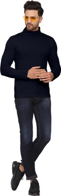 Trendolo Solid Men High Neck Navy Blue T-Shirt