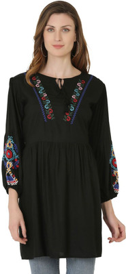 SAAKAA Casual Embroidered Women Black Top