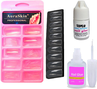 AuraSkin Best Quality Artificial Transparent Finger Empress Curve 100 Tips Fake Nails with 10ml and 5ml Glue Transparent(Pack of 100)