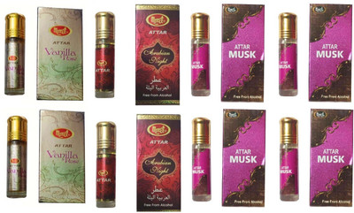 MONET 2 VANILA ROSE ATTAR 2 ATTAR ARABIAN NIGHT , 4 ATTAR MUSK ,8 ML EACH, PACK OF 8 . Floral Attar(Musk, Rose)