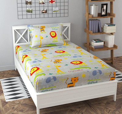 Dahlia 200 TC Polycotton Single Printed Fitted (Elastic) Bedsheet(Pack of 1, Cream)