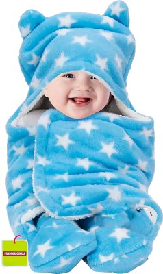 Pandaoriginals Printed Single Hooded Baby Blanket for  AC Room(Cotton, Blue)