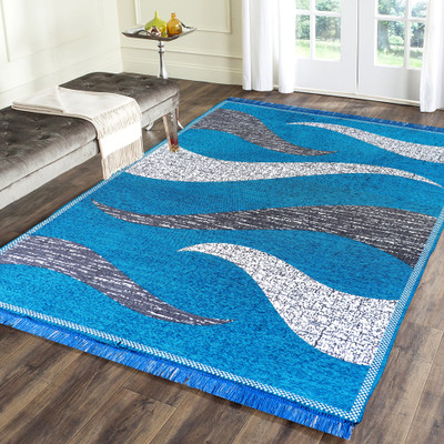Sparrow world Blue Chenille Runner(5 ft,  X 7 ft, Rectangle)