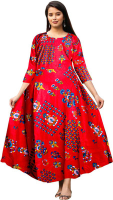 Khushi Print Women Fit and Flare Red Maxi/Full Length Dress