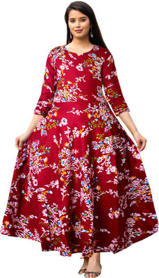 Khushi Print Women Fit and Flare Maroon Maxi/Full Length Dress