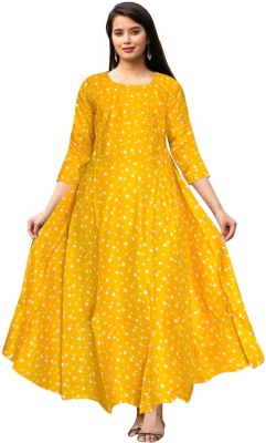 Khushi Print Women Fit and Flare Yellow Dress