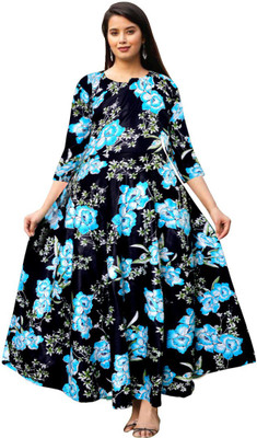 zalya Women Gown Blue, Black Maxi/Full Length Dress