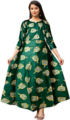 Khushi Print Women Fit and Flare Green Maxi/Full Length Dress
