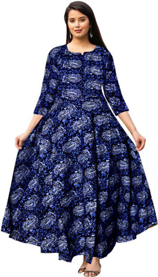 PVR Flared/A-line Gown(Dark Blue, White)
