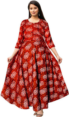 Khushi Print Women Gown Maroon Maxi/Full Length Dress