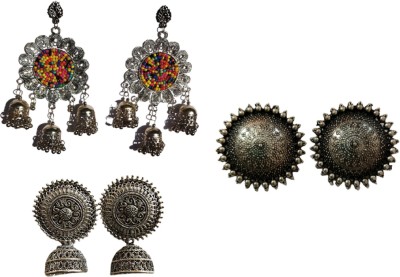 AER Creations Combo Of Oxidised Rajkot Special Designer Multi Jhumka Dangle Earrings, 1 Set Of German Silver Round Shape Stud Earrings And 1 Set Of Beautiful Oxidised German Silver Stud Jhumki Earrings For Girls And Women Brass Drops & Danglers