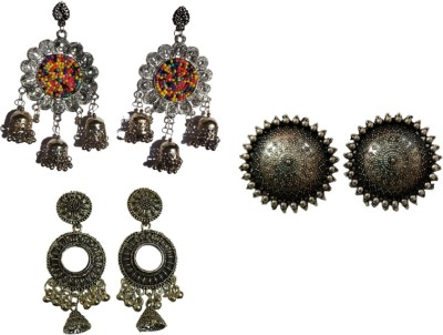 AER Creations Combo Of Oxidised Rajkot Special Designer Multi Jhumka Dangle Earrings, 1 Set Of German Silver Round Shape Stud Earrings And 1 Set Of Beautiful Oxidised German Silver Mirror Jhumki Earrings For Girls And Women Brass Drops & Danglers