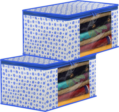 KUBER INDUSTRIES Designer Dot Printed Foldable, Lightweight Non-Woven Saree Cover/Organizer With Tranasparent Window- Pack of 2 (Blue)-46KM0491 46KM0491(Blue)