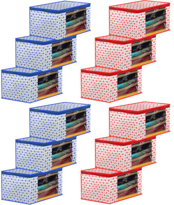 KUBER INDUSTRIES Designer Dot Printed Foldable, Lightweight Non-Woven Saree Cover/Organizer With Tranasparent Window- Pack of 12 (Blue & Pink)-46KM0515 46KM0515(Blue & Pink)