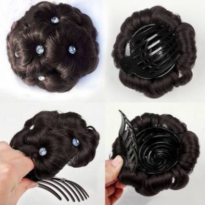 V WOMEN Flower Shape Clip Bun Extension/Juda Puff Extension Clutter Attached Style decorated juda Stud Work Stone Work  Extension Hair Extension