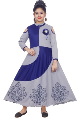 KRISHTINA Girls Maxi/Full Length Party Dress(Silver, 3/4 Sleeve)