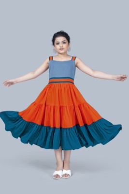 Mirrow Trade Girls Calf Length Casual Dress(Multicolor, Sleeveless)