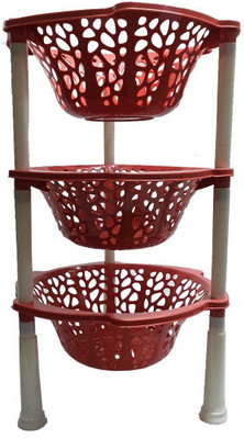Skylii Fruits/Vegetables Kitchen Rack Plastic Multipurpose Basket Stand Rack for Office Use, Home, Fruits Onion, Potato, Vegetables and Sabaji Kitchen Rack Stand organizer - 3 TIER RACK (Red) Fruits/Vegetables Kitchen Rack 3 layer round sun design (Plastic)