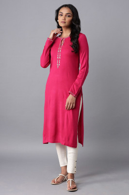 W Women Printed Straight Kurta(Pink)