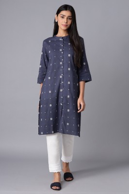 W Women Printed Straight Kurta(Dark Blue)