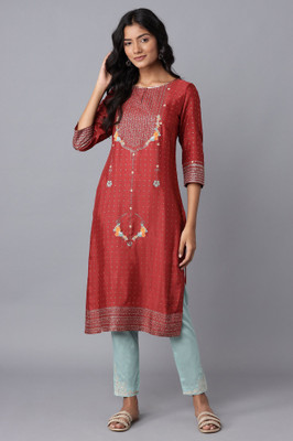 W Women Printed Straight Kurta(Red)