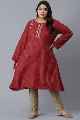 W Women Embroidered Flared Kurta(Red)