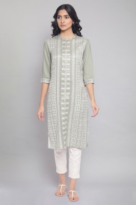 W Women Embroidered Straight Kurta(Green)