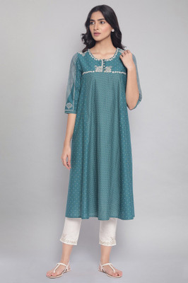 W Women Polka Print Flared Kurta(Green)