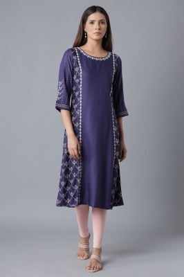 W Women Printed A-line Kurta(Blue)