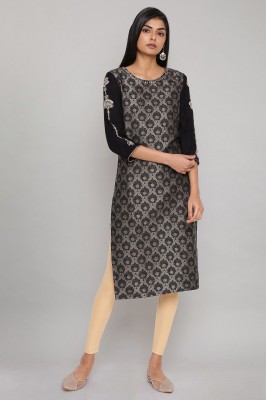 W Women Woven Design Straight Kurta(Black)