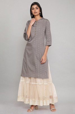 W Women Embellished Straight Kurta(Grey)