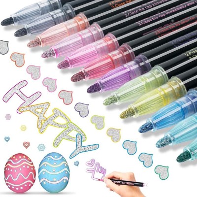 SMB ENTERPRISES Pack of 12 PCS Metallic Double Line Outline permanent Pen Markers for Art Coloring MULTICOLOR(Set of 12, Multicolor)