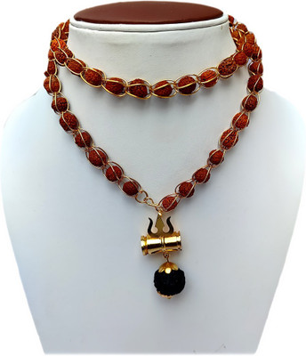 PRIYANSHU NAVRATN Latest 5 Mukhi Rudraksha Mala Loard Shiv Trishul Damru Locket for Men/Women Wearing 6 - 7 MM Natural Brown Rudraksha Beads MALA Beads Wood Chain