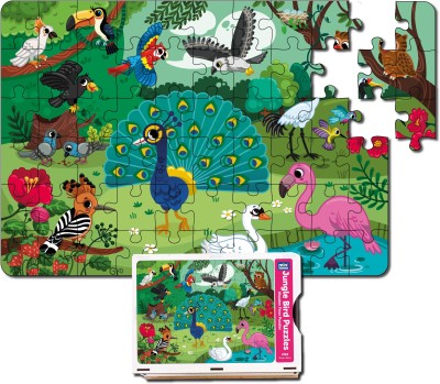 Minileaves 60 Pieces Jungle Birds Wooden Floor Puzzle in Wooden Box | Premium Wooden Puzzle for 5+ Kids 380 x 280 MM(60 Pieces)