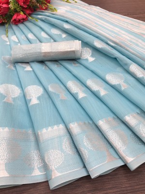 Chechern Woven Banarasi Jacquard, Cotton Silk Saree(Silver, Light Blue)