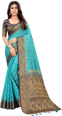 ANGOORI TEXTILES Woven Banarasi Cotton Silk Saree(Dark Blue, Blue)