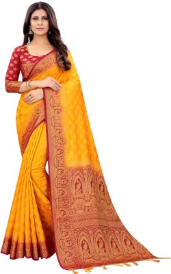 ANGOORI TEXTILES Woven Banarasi Cotton Silk Saree(Yellow)