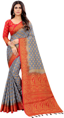 INDI FASHION Woven Banarasi Cotton Silk Saree(Grey)