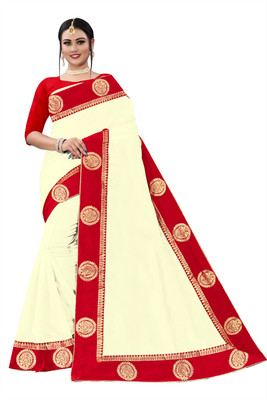 AARTI PRINTS Embroidered Jamdani Silk Blend Saree(Red, Cream)