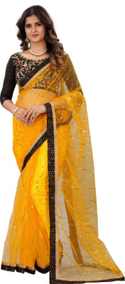 Barkiya Creation Embellished Bollywood Net Saree(Yellow)
