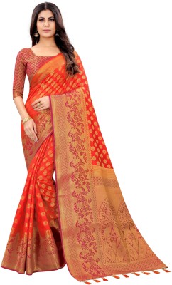 PICKWELL Woven Banarasi Cotton Silk Saree(Orange)