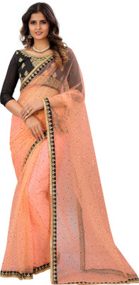 Barkiya Creation Embellished Bollywood Net Saree(Orange)