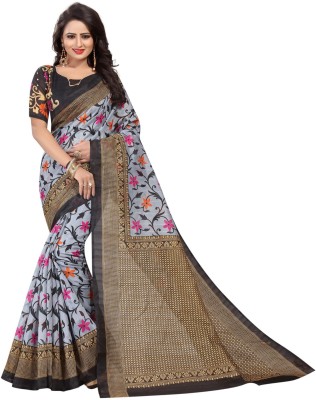 Saadhvi Floral Print Bhagalpuri Art Silk Saree(Grey)