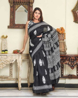 Pinkcity Trade World Printed, Color Block, Blocked Printed Daily Wear Pure Cotton Saree(White, Black)