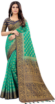 DILSAY Woven Banarasi Cotton Silk Saree(Green)