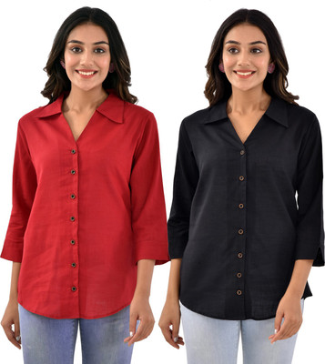 QuaClo Women Solid Casual Maroon, Black Shirt(Pack of 2)