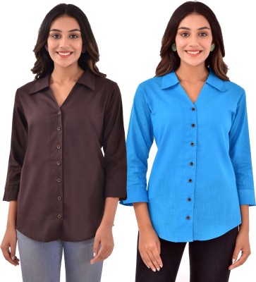 QuaClo Women Solid Casual Light Blue, Brown Shirt(Pack of 2)