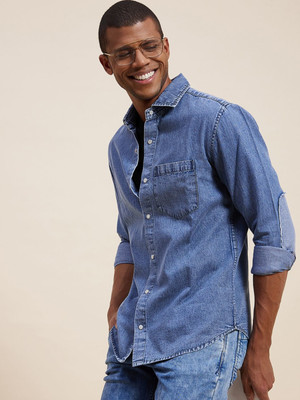 MASCLN SASSAFRAS Men Washed Casual Dark Blue Shirt